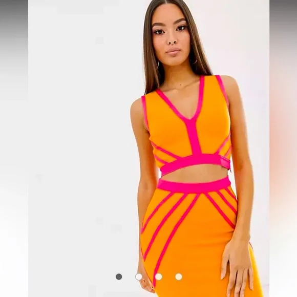 BNWT The Girlcode bandage pencil midi skirt in orange and pink - Picture 2 of 5